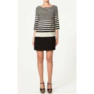 Zara Dress Womens Size Medium Striped Black White Shift 3/4 Sleeve Short Mini